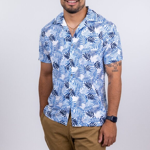 W.R.K Blue Tropical Print Camp Collar Performance Short Sleeve Shirt - Picture 1 of 3